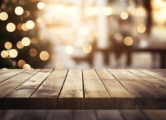 Empty wooden table top with a blurred living room interior and Christmas tree background for product display, branding, or montage of products in the front view