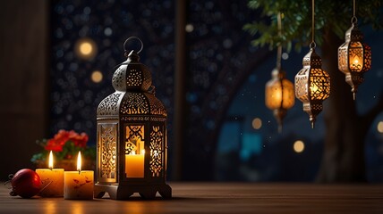 Free New Photo Ramadan and Eid al fitr concept backgrounds dates with traditional lantern Light Lamp and Tasbeeh, Ramadan Kareem Mubarak background