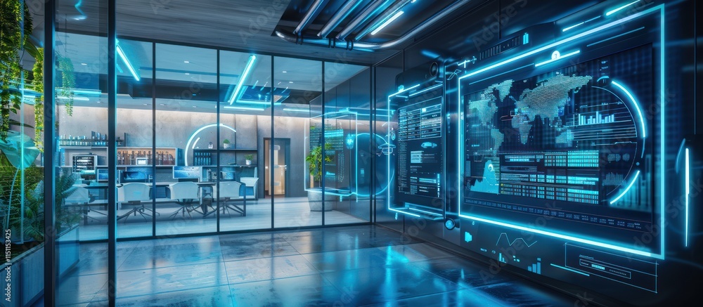 Poster futuristic office with interactive displays showing global data and a modern meeting room.