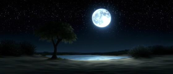 Fototapeta premium Serene Night Moonlit Riverbank Starry Sky Tree Silhouette