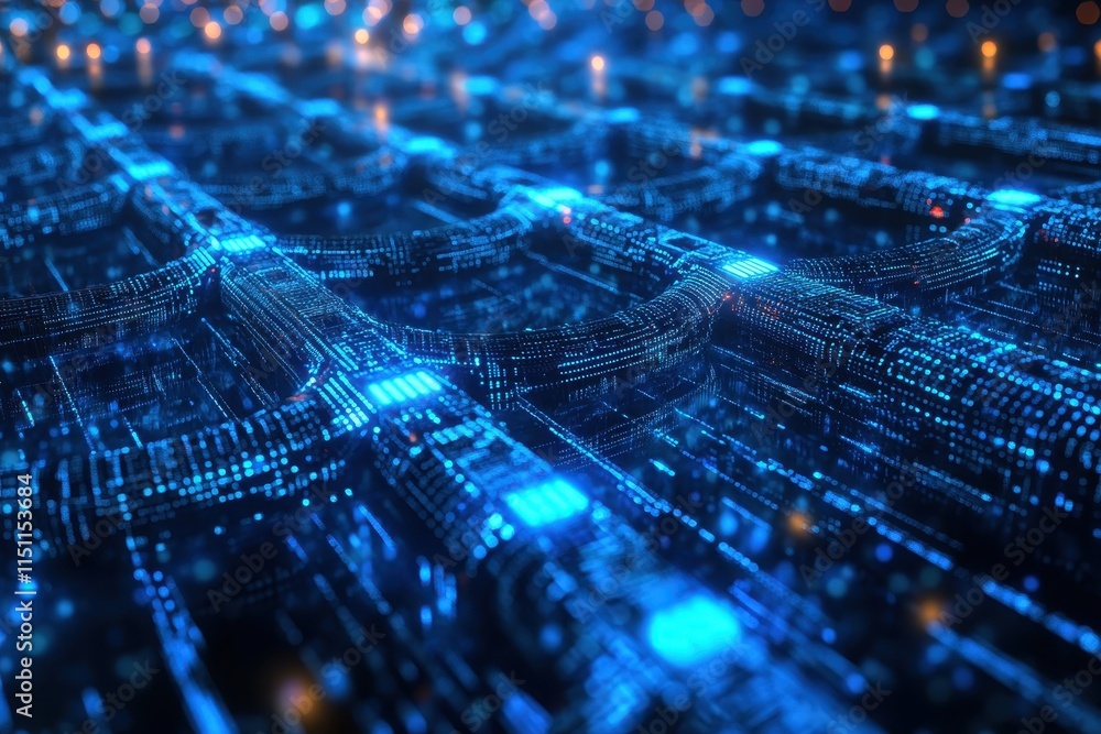 Poster abstract digital network data flow, glowing blue circuit board texture.
