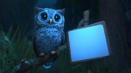 Cute Cartoon Owl on Branch with Blank Sign  Night Forest Background