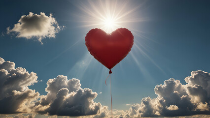 Fototapeta premium Heart-Shaped Balloon Soars Through the Clouds A Symbol of Love Floating in the Clear Sky