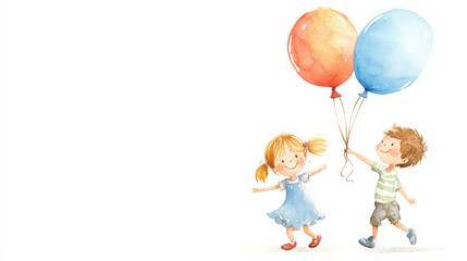 Happy kids holding colorful balloons in soft watercolor style