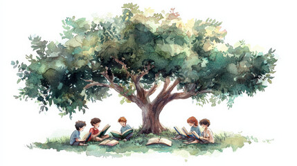 Kids reading books under large tree in serene, watercolor style