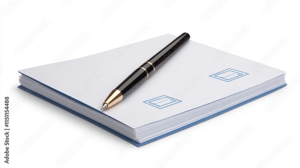 Poster a sleek pen rests on a blank notepad, ready for notes or sketches, featuring a clean design with blu