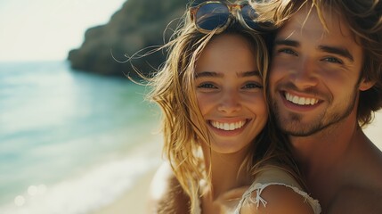 Laughing together, a couple shares a carefree moment at the beach, with a playful piggyback ride as sunlit waves lap at their feet. Their smiles reflect pure happiness