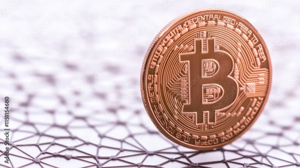 Poster a close-up of a bitcoin coin resting on a geometric mesh surface, representing cryptocurrency and di