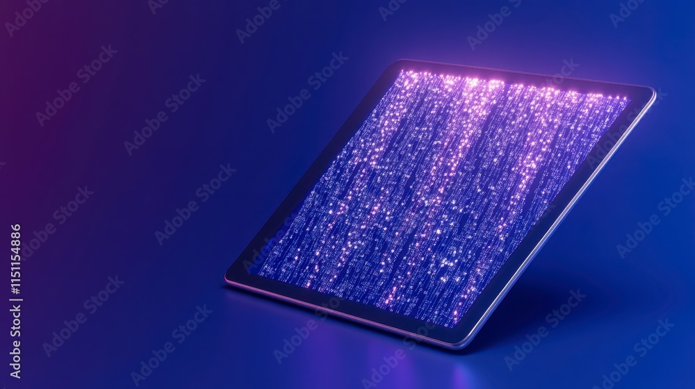 Poster a vibrant display showcasing a digital screen with cascading lights, set against a deep blue backgro
