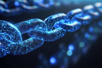 Digital chain link, glowing blue, technology concept.