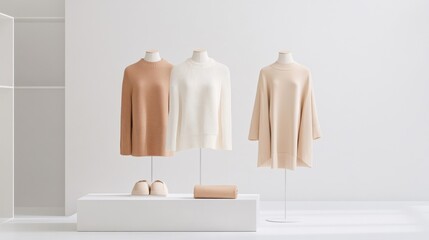 Stylish Collection of Warm and Cozy Knitwear on Display in a Modern Fashion Setting Featuring Earthy Tones and Minimalist Aesthetics for Seasonal Fashion Inspiration