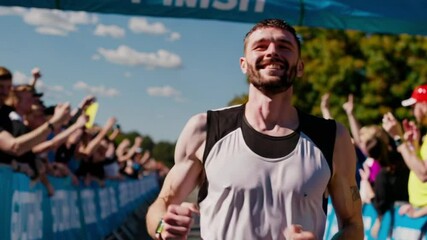 A joyful male marathon runner in a black and white jersey crossing the finish line with his fist raised in triumph under a sunny sky surrounded by cheering spectators