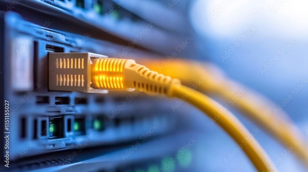Poster a close-up of a yellow ethernet cable plugged into a network server, highlighting connectivity and d