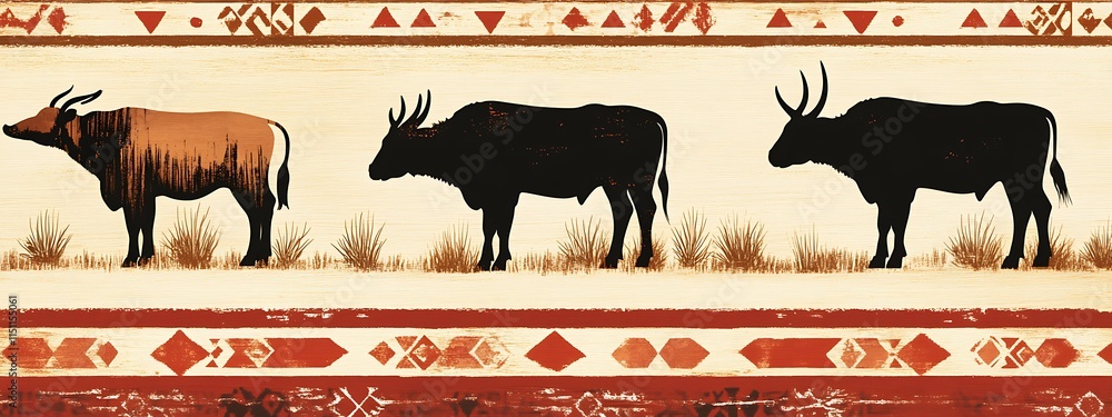 Poster three antelopes with tribal pattern border.