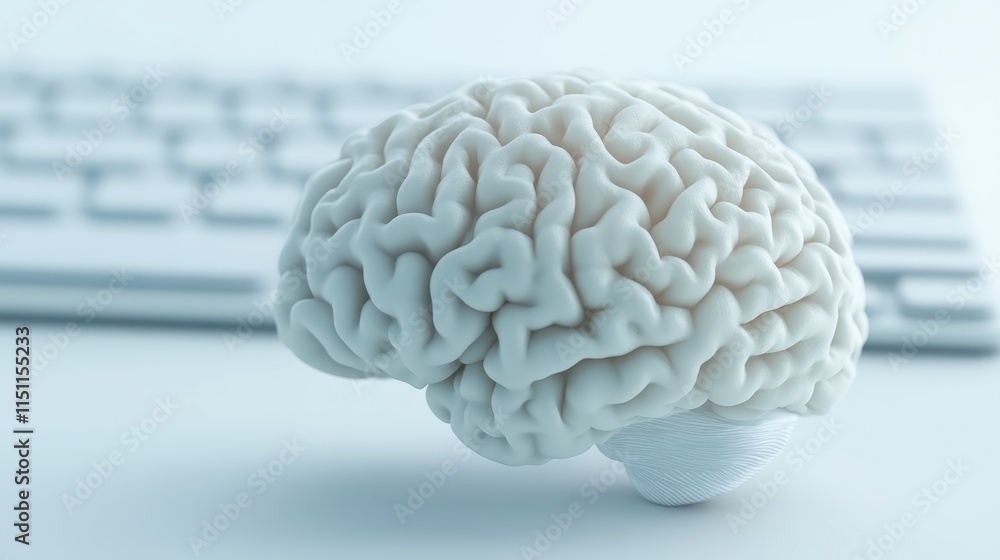 Aufkleber a white brain model rests beside a keyboard, symbolizing the intersection of technology and cognitiv
