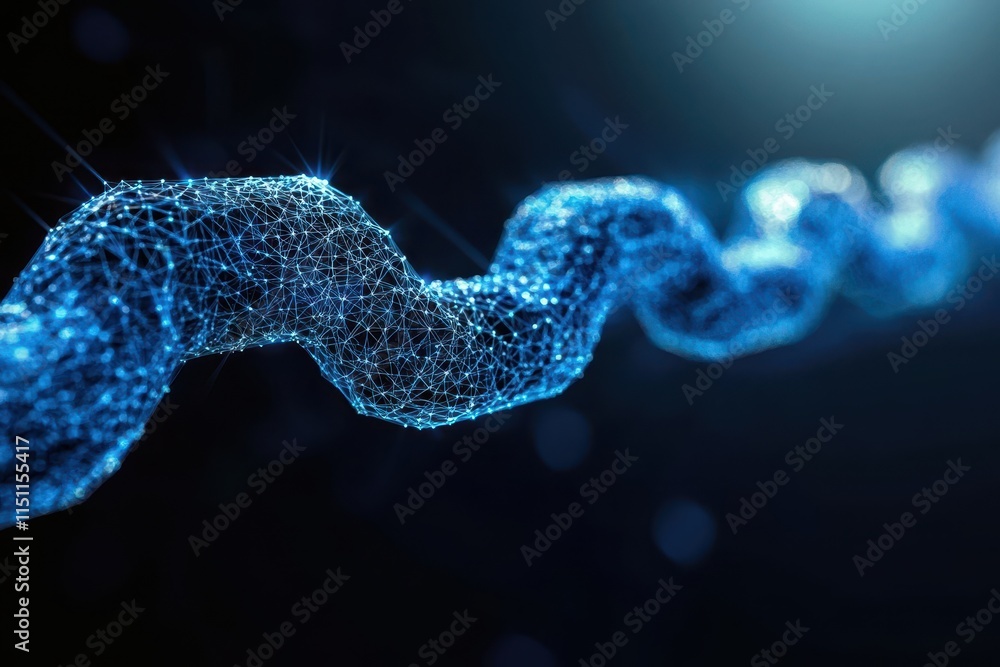 Poster abstract blue helix of connected dots and lines on dark background.