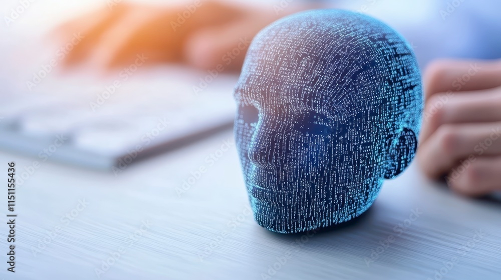 Poster a futuristic digital skull sits on a desk, symbolizing artificial intelligence and technology in a w