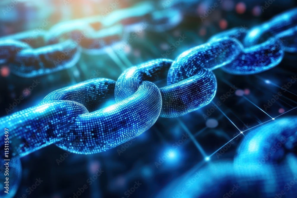 Poster abstract digital chain, glowing blue links interconnected, representing network security or blockcha