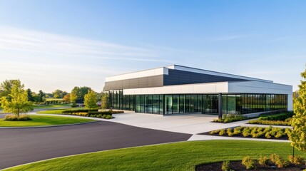 Modern Architectural Building with Large Glass Facade Surrounded by Lush Green Landscape and Clear Blue Sky in a Serene Business Environment