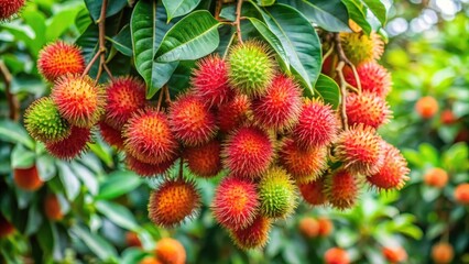 Rambutan tree heavy with ripe fruits , tropical, exotic, hairy fruit, juicy, sweet, harvest, agriculture, orchard, fresh