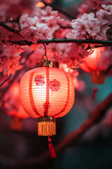 Chinese lanterns and cherry blossoms in spring. Selective focus.