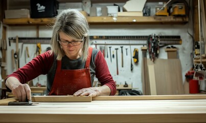 A woman working on woodworking in a workshop, focused on her craft.