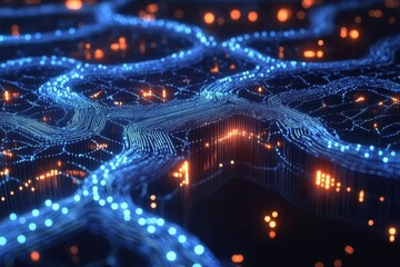 Abstract digital network, glowing blue and orange nodes.