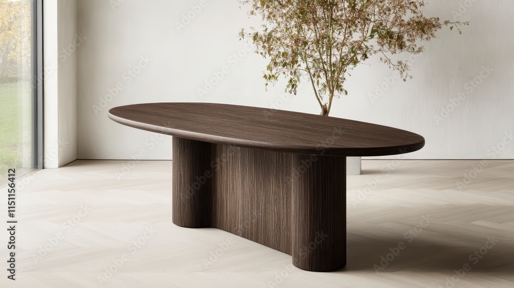 Poster a modern, oval wooden table with a unique base, set against a minimalistic backdrop, highlighting it