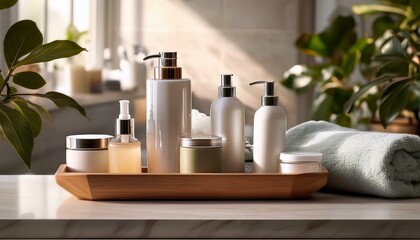 Sunlit Bathroom Tray: Organic Skincare & Wellness Products