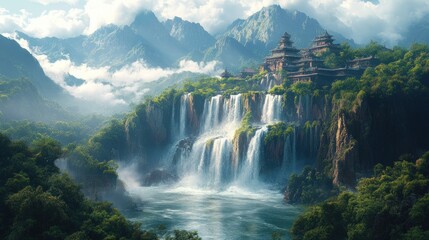Fototapeta premium Mountaintop temple, cascading waterfall, lush greenery.