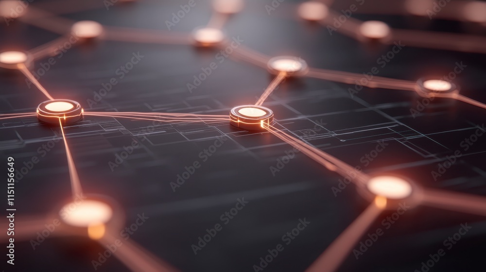 Poster a close-up image of interconnected nodes and glowing lines on a dark background, representing techno