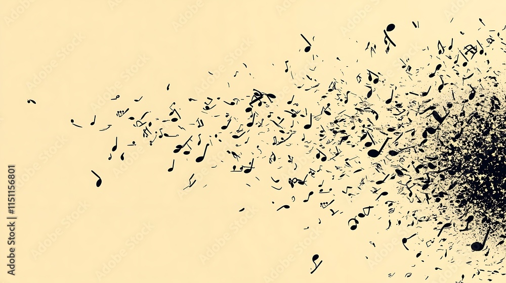 Poster exploding music notes on cream background.