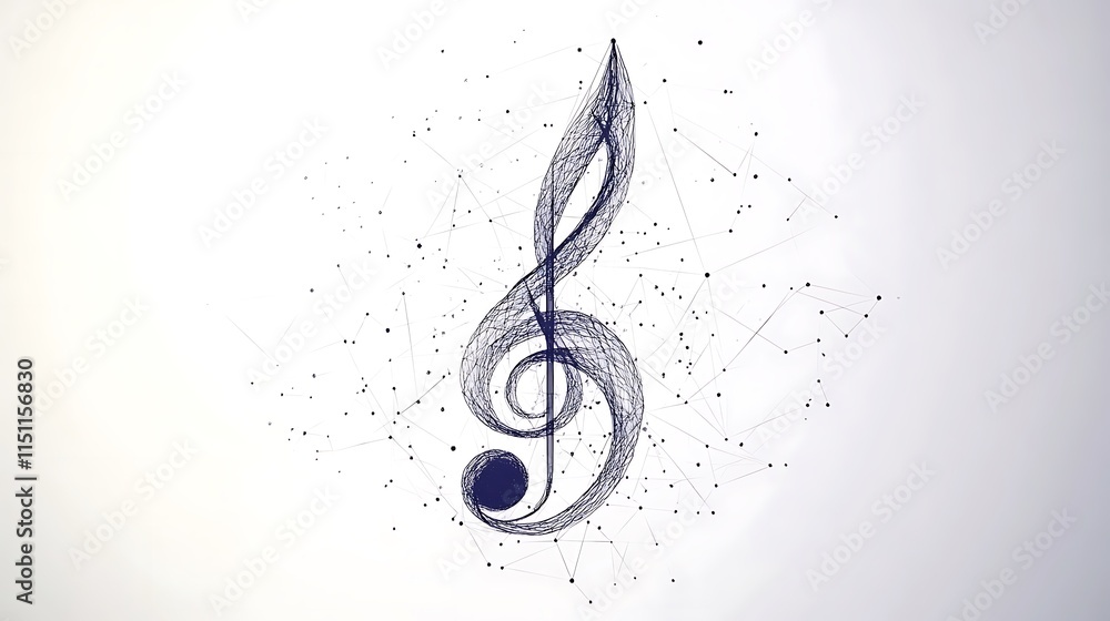 Poster abstract treble clef made of connected dots and lines.