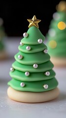 Festive Miniature Christmas Tree Cookies  Pastel Green Icing  Gold Stars  Pearls