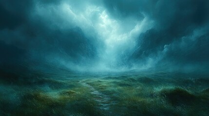 Obraz premium Path through misty, teal valley.