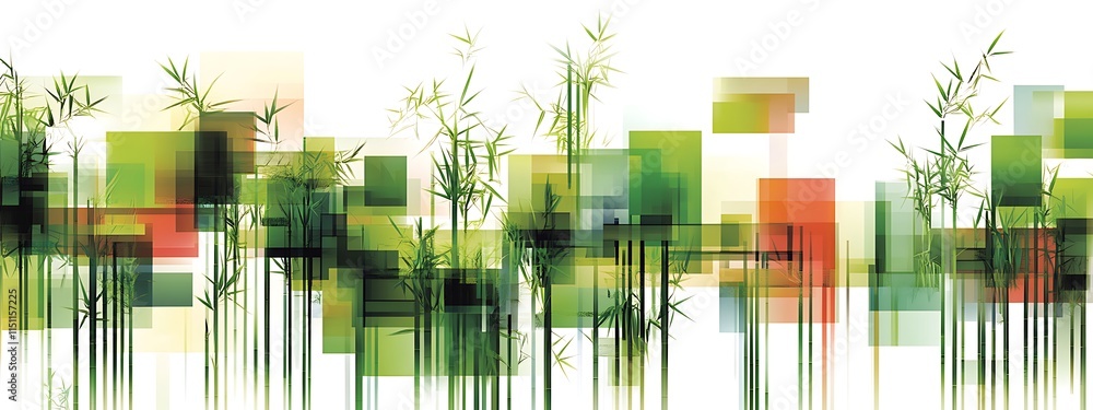 Poster abstract bamboo forest with colorful squares.