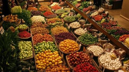 Colorful Fresh Fruits and Vegetables Displayed in Baskets at an Indoor Market, Showcasing a Variety of Healthy Produce Options for Shoppers and Home Cooks