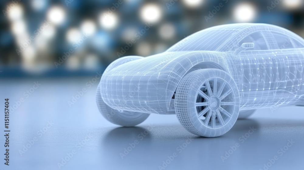 Poster a translucent wireframe car model sits on a reflective surface, surrounded by a soft, blurred backgr