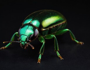 Naklejka premium Close-up of a vibrant emerald green beetle on a leaf.