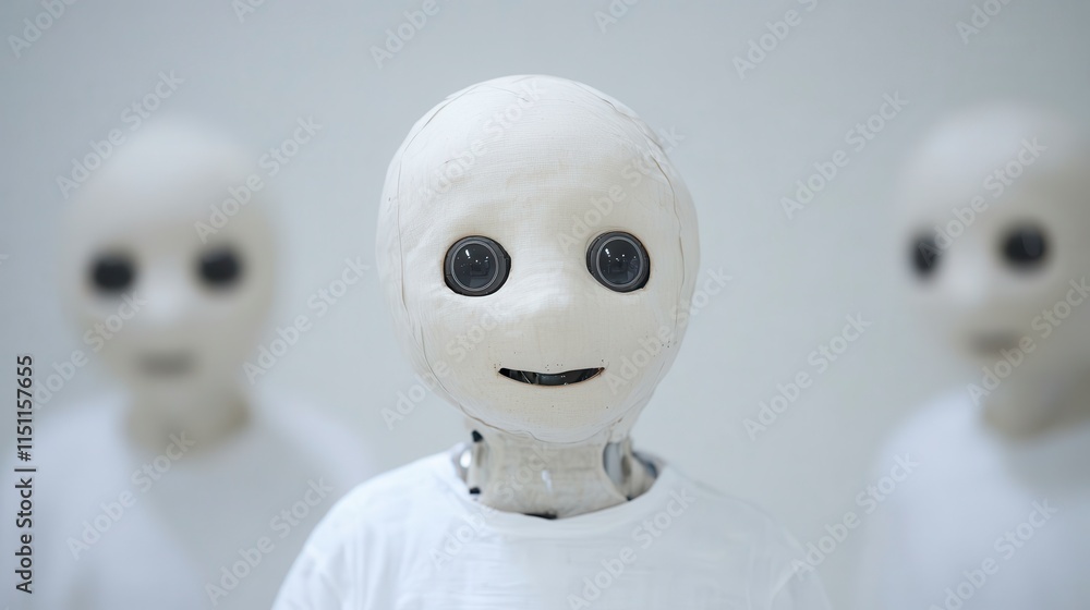 Poster three humanoid robots with simplistic faces and large eyes stand against a plain background, evoking