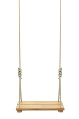 Children's wooden swing. Swing hanging. Hanging wooden swing with rope on transparency background