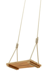 Children's wooden swing. Swing hanging. Hanging wooden swing with rope on transparency background