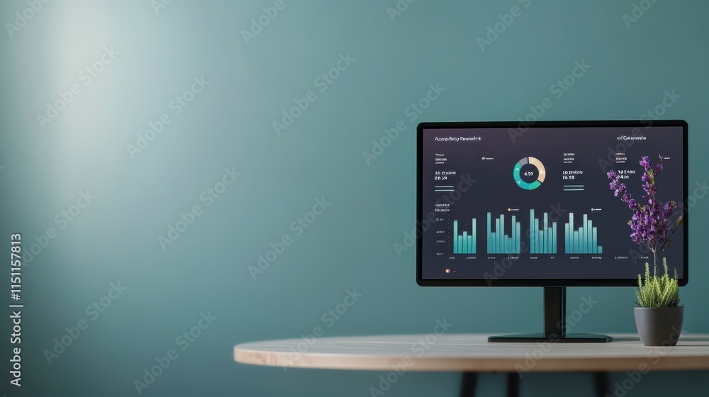 Poster a sleek monitor displaying data analytics sits on a modern, minimalist table against a calming teal 