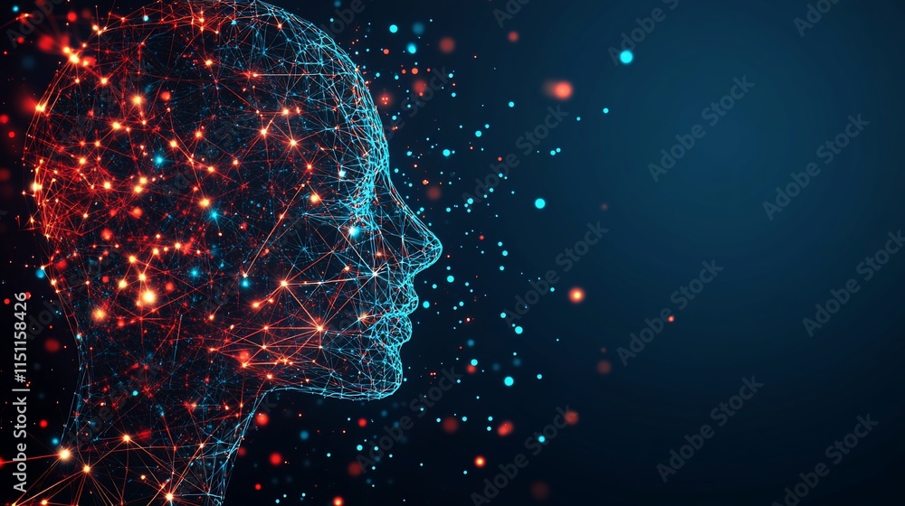 Poster abstract representation of a human head made of glowing connections and particles.