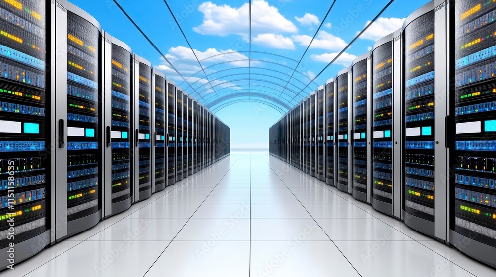 Poster a modern data center with rows of servers under a bright blue sky, emphasizing technology, connectiv