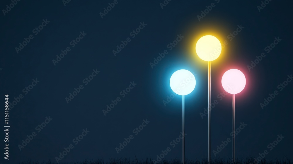 Poster three glowing spheres in vibrant colors stand against a dark backdrop, creating a minimalist and mod