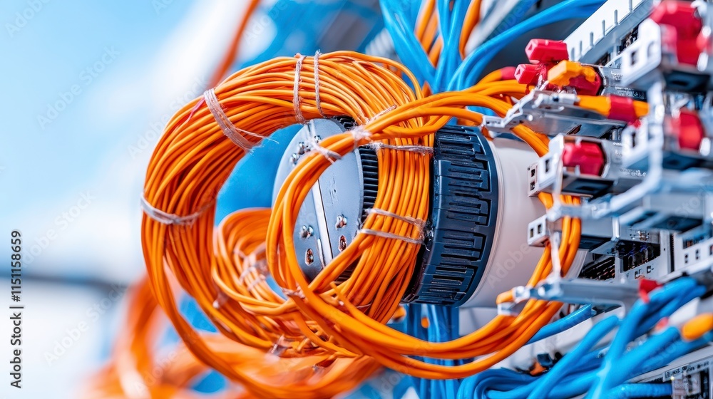 Poster a close-up view of colorful network cables and connectors, highlighting the intricate setup of a tel