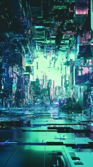 Obraz premium Abstract digital city with skyscrapers and neon lights