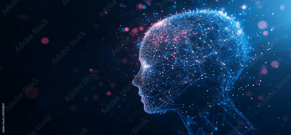 Poster abstract representation of a human head with a network of connections.