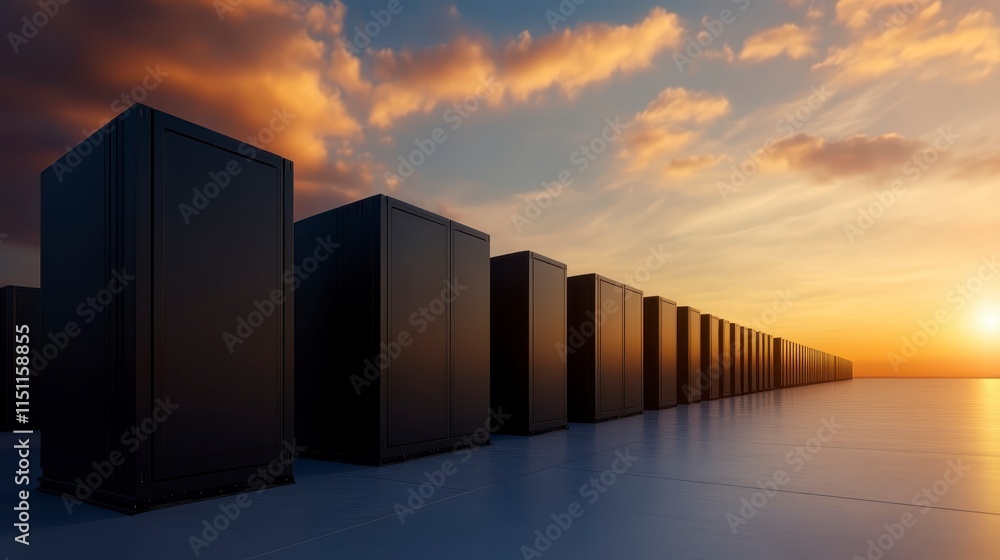 Poster a serene sunset illuminates a row of dark structures, creating a contrast between technology and nat